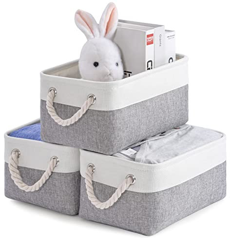 Kriovoa 3 Pcs Fabric Storage Baskets, Foldable Storage Baskets with Handles, Canvas Storage Boxes for Shelves, Toys, Clothes, Books 31x21x16cm, White and Grey.
