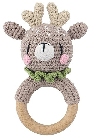 Baby Greifling Rassel Beißring,Tier Gehäkelte Babyrassel Häkeln Holz Greifling Baby Rassel Fuchs Tiger Löwe Hase Baby Montessori Babyspielzeug für Neugeborenes Baby Junge Mädchen Geschenk zur Geburt