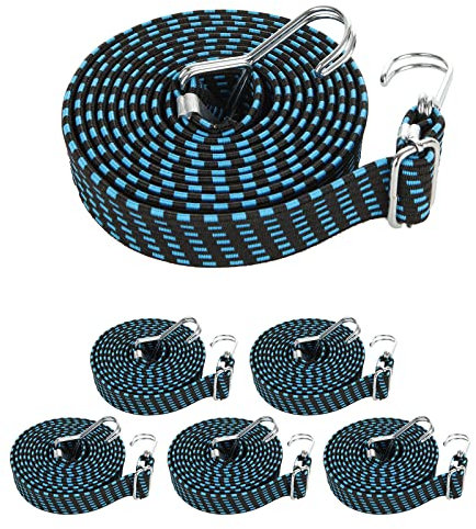 AKOLAFE 6PCS Bungee Cords with Hooks 3M Long Heavy Duty Bungee Straps Adjustable Bungee Cords 4MM Thick Flat Bungee Straps with Hooks Bungee Rope for Car, Van and Bike, Blue