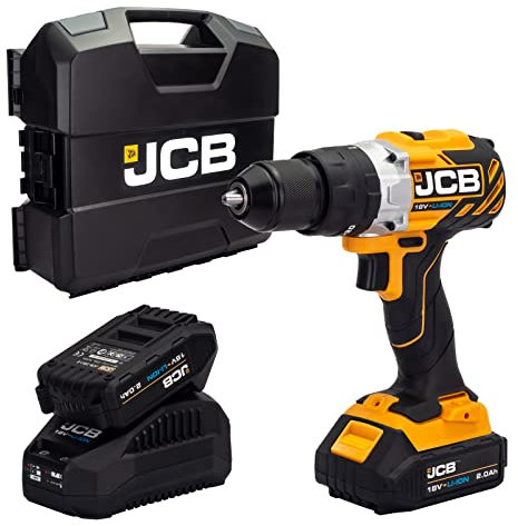 JCB 18V Brushless Cordless Combi Drill, 2X 2.0Ah Battery, Fast Charger, Variable Speed & LED Light, Belt Clip, 20+3 Position & 13mm Keyless Chuck, Power Tool Case, 3 Year Warranty