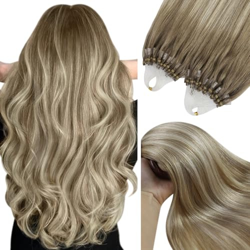 YoungSee Micro Ring Hair Extensions Real Human Ombre Loop Light Brown with Blonde Balayage Microlink 50s/50g #8/60/8, 24inch/60cm-50g