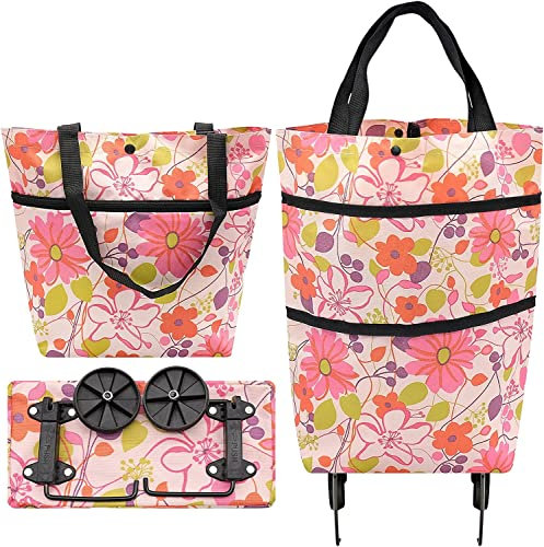 INHEMING Folding Shopping Trolley,Shopping Trolley on Wheels,Reusable Shopping Tote Bags,Lightweight Shopping Cart - Floral Pattern