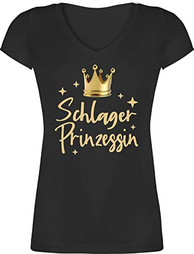 T-Shirt Damen V Ausschnitt - Party Outfit - Schlager Prinzessin I Schlagerparty Konzert Volksmusik - L - Schwarz - schlagerprinzessin Tshirt schlageroutfits schlagernacht Princess Shirts Oberteile