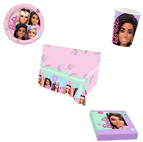 Kit Festa Barbie Compleanno Party Addobbi e Decorazioni Tavola 8 Piatti 8 Bicchieri 16 Tovaglioli 1 Tovaglia (8 Persone)