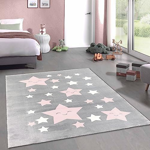 CARPETIA Teppich Mädchen Sterne flauschig pflegeleicht in anthrazit, rosa weiß 120x170 cm