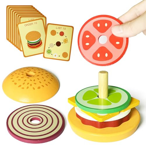 Hamburger in Legno Impilare Giocattolo, Cucina Giocattolo per Bambini Legno Realistico Pane Hamburger Modello Puzzle Giochi da Impilare Cibo Giocattoli Montessori Regalo per 2+ Anni