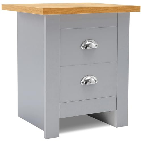 Side Table with 2 Drawer Storage Bedside Table, Sofa End Table for Living Room Small Bed Side Tables for Bedroom, Nightstand Cabinet Corner Table, Grey/Oak 40 x 45 x 51 cm