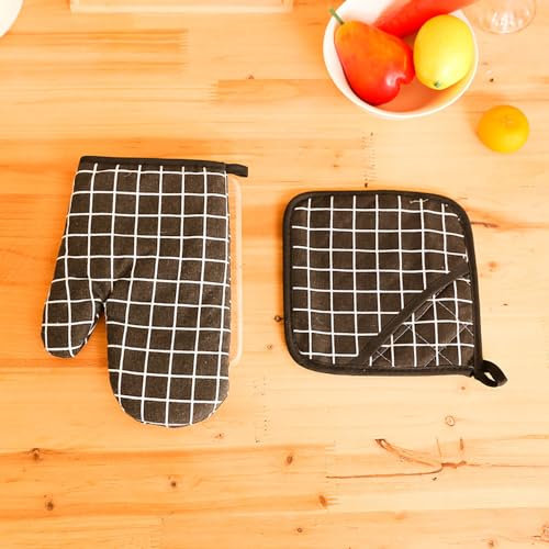 Ensemble Gant de Cuisine de Coton et de Lin en Motif à Carreaux Noirs (26cm x 17cm) et Manique (17cm x 17cm) pour BBQ Cuisson Cuisson Grill Micro-Ondes Automne Hiver