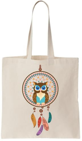 Functon+ Cute Colorful Owl Sitting In A Dream Catcher And Saving Your Sleep Canvas Tote Bag Natural