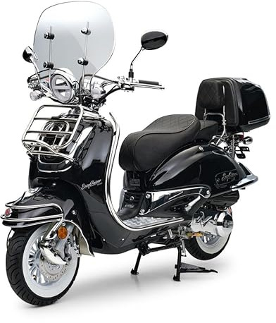 Burnout Motorroller 125cc EasyCruiser Schwarz, Euro 5+, Einspritzmotor 9 PS (6,3 kW), 85 km/h, Windschild, USB-Anschluss, Topcase, LED, Zweisitzer, Weißwandreifen, Chrompaket