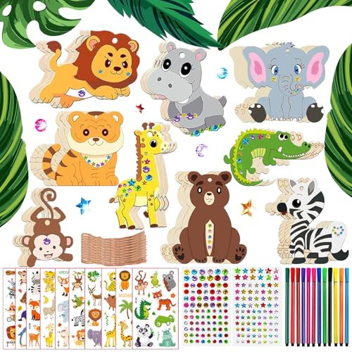 270Pcs Tiere Holz Bastelset für Kindergeburtstag, Basteln für Kinder, Mit 27 Holzstücke, 12 Farbstifte, 202 Strasssteine, 27 Seile, 2 Aufkleber, DIY Set für Jungen und Mädchen