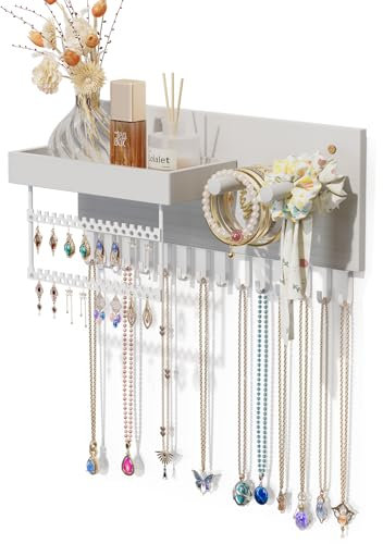 Lolalet Présentoir Bijoux Mural, Porte Bijoux Bois Suspendu, Porte Boucles d’Oreille Colliers Bracelets Bagues Parfum -Blanc