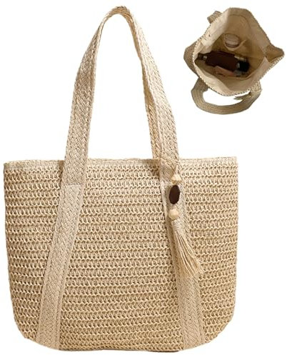 Porgeel Strohtasche große Kapazität Stroh-Einkaufstasche Stroh-Strandtasche mit Quasten und glattem Reißverschluss gewebte Damentasche für den Sommer Outdoor-Urlaub