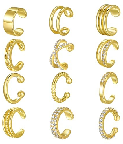 FANCH 12Pcs Ear Cuffs für Damen Ohrmanschette 14K Vergoldet Manschette Ohrringe Nicht Durchbohrte Clip Ohrringe Non Piercing Fake Helix Knorpel Wrap Cuff Ohrklemme Gold