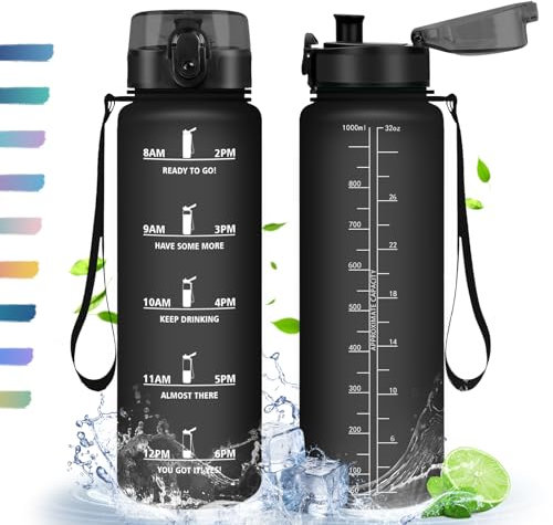 Trinkflasche, 1L, Trinkflasche Sport, Trinkflasche mit Zeitmarkierung, mit Filter, Auslaufsichere Trinkflasche, BPA-Frei, Wasserflasche für Sport, Fitness, Yoga, Schule, Büro