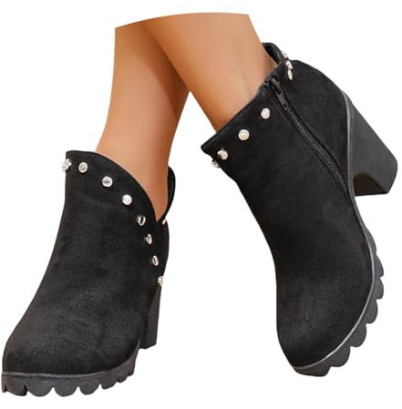 2024 Neu Stiefeletten Mit Niet Damen Chelsea Ankle Boots Mit Blockabsatz Retro Wildleder High Heels Plateau Kurz Stiefel Mit Reißverschluss Große Größe Knöchel Schuhe Für Outdoor, Party(Black,41 EU)