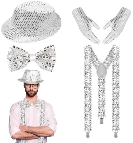 LXYYDS 4 Stück Herren Pailletten Hosenträger, Fliege glitzer Silvester Outfit, mit Pailletten Hosenträger, Pailletten Fliege, Handschuhe, Silber Jazz Hut, für Karneval Mottoparty Herren Kostüm