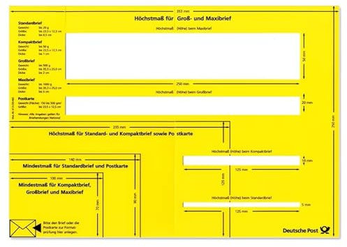 Postschablone, Formatschablone für Groß- und Maxibriefe, Kompaktbriefe, Standardbriefe und Postkarten