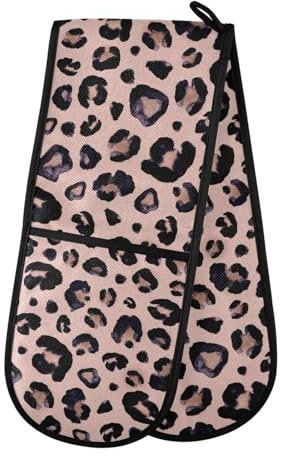 Oven Gloves Double Oven Gloves Pink Leopard Print Oven Mitts Pot Holder Heat Resistant Quilted for BBQ Baking Kitchen Cooking Gloves