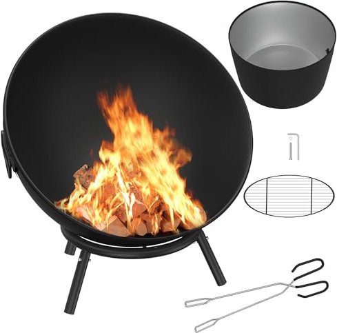 HENGMEI Feuerschale Feuerkorb Ø 60cm Kippbare Feuerstelle mit 3 Dreibein Kohlerost Gartefeuer Feuerkugel Feuertonne, Multifunktional Fire Pit für Heizung,Garten,Terrasse,BBQ