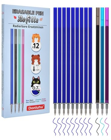 Donluhu Radierbare Ersatzminen [9 Blau, 1 Schwarz, 1 Türkis, 1 Violette, 12er Pack], Höhe 13 cm, Kompatibel mit Legami und anderen Marken, die ​Standard-13cm-Minen​ verwenden, Stiftspitze 0,7mm
