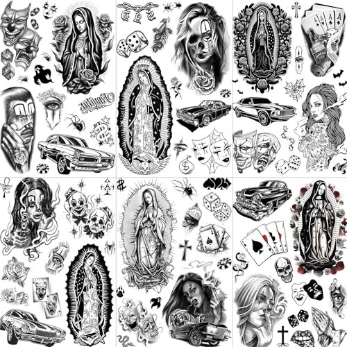 6 Blätter Chicano Temporäre Tattoos Frauen Männer Klebetattoos Erwachsene, Cholo Halloween Gesichts Make Up Set, Guadalupe Tattoo Aufkleber, Gangster Payasa Joker Fake Tattoos Kit Gefängnis