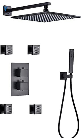 Shower Set Thermostatic Shower System with Body Jets Shower Faucet with Handheld Sprayer and Square Rain Shower Head Shower Combo Set Concealed Tub and Shower Trim Kit, Black,Type A,10 Ine