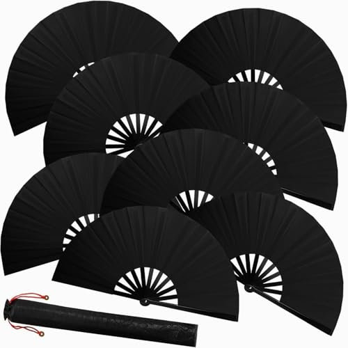 ATTRACME 8 PCS Large Chinese Folding Fans Set for Line Dance & Popping, Kung Fu Silk Hand Fans with 8PCS Fan Sleeves for Line Dancing for Men Women - Black