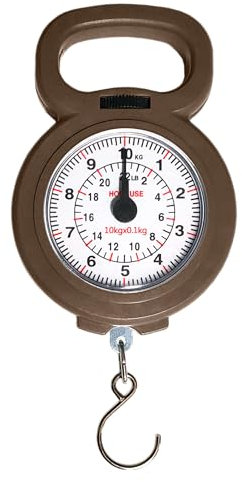 Bilancia Analogica 10Kg per Bagagli e Pesca – Facile da Usare – Portatile e Compatta – Bilancia con Gancio Resistente per Valigie, Pescatori e Uso Domestico (MARRONE)