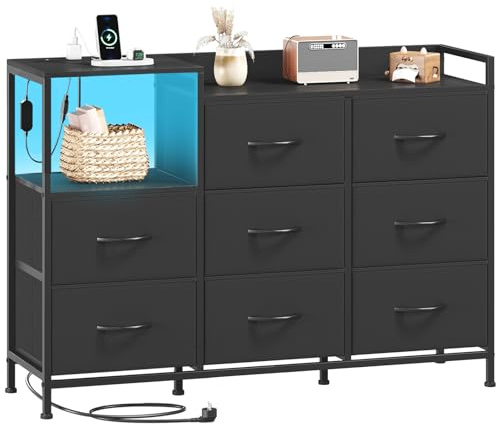 Somdot Kommode Wohnzimmer, Steckdose & LED, 8 Stoffschubladen, Schwarz | Komodenschrank, LED-Lichter, 2 AC-Steckdosen, 1 USB-A & C Anschluss, Offenes Regal, Wohnzimmer, 29T x 99B x 70,5H
