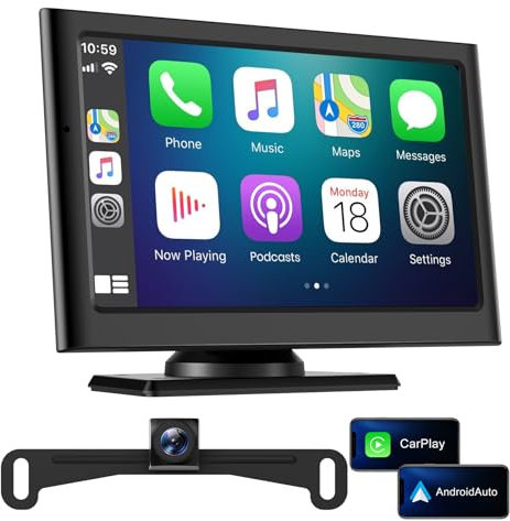 Carplay - Pantalla portátil para Coche para Apple y Android Auto-7 Pulgadas, Pantalla táctil inalámbrica HD con cámara de Respaldo, receptores de Audio para automóvil con Control de Voz, navegación