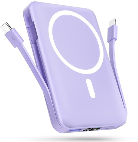 Podoru Powerbank per Magsafe, 10000mAh Caricatore Portatile Wireless con Cavo USB-C, PD 20W Ricarica Rapida Power Bank Magnetico per iPhone 16/15/14/13/12 Serie-Viola