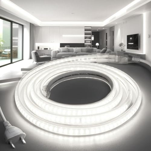 BRIMETI Ruban LED Néon 220V 20M Étanche IP65 LED Bande Imperméable Blanc Froid 6000K Flexible Découpable en avec Alimentation, Lumière pour Intérieur et Extérieur Maison Cuisine Chambre Escalier