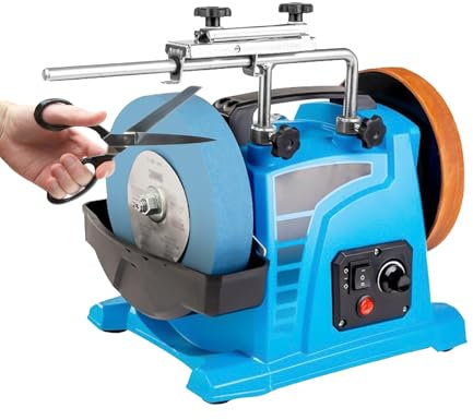 WUCIOA 8 Inch Wet Sharpening System, Two Direction Stropping Wheel Sharpener with Angle Ruler, 30-180 RPM Adjustable Speed, Adjustable Water Tank, Water Cooled Sharpener for Chisels Cutters