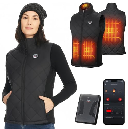 KEMIMOTO Women's Heated Gilet with 10000 mAh Battery, Heated Vest by App Control, Electric Heating Jacket with 4 Heating Zones for Motorcycle, Hiking, Camping