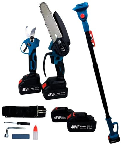 Kit Potatura, Forbici da Potatura + Mini Sega Elettrica con Asta Telescopica 250 cm con Snodo, Motosega Lama 6, Trancia Rami Professionale Cesoie Elettriche portatile, 2 Batterie da 21V