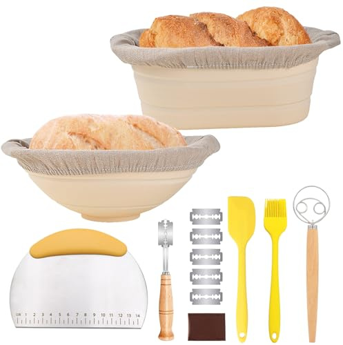 Culinavog Brot Gärkorb Set, Silikon Brotkorb, Rund 24,5 cm & Oval 27,5 cm, Teigschneider, Teigmesser, Leineneinsatz, Brot Backen Zubehör