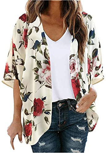 Mrat Strickjacken für Damen, UK-Blumendruck, leicht, Chiffon, vorne offen, Kimono, Cardigan, kurze Ärmel, lockere Strandkleidung, lässige Blusen, Sommer-Tops, Capes, durchscheinend, lockere Bluse