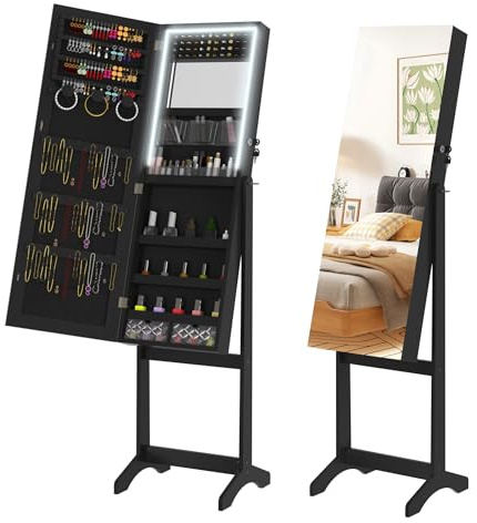 FIVMEN Schmuckschrank mit Spiegel Spiegelschrank Schminkschrank Stehend mit Beleuchtung Abschließbar Schmuckaufbewahrung Make-Up Organizer 2 in 1 mit Ganzkörperspiegel Standspiegel, Schwarz