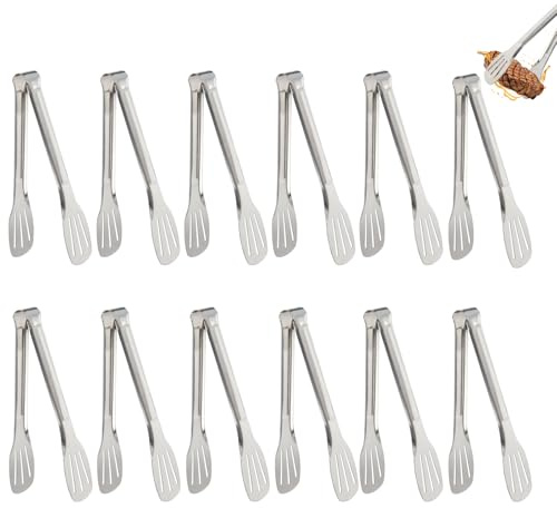 ANPUNAT 12 Pack Stainless Steel Buffet Cooking BBQ Salad Sweet Tongs Pasta Tongs for Home Kitchen Bar Party Utensils(7-Inch)