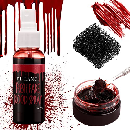 DE'LANCI Faux Sang En Spray + Faux Gel Coagulé + éponge à Picots, Fake Blood Lavable Pour VêTements,Visage,Yeux, Peau, Kit De Maquillage De Faux Sang Pour Halloween Vampire Zombie Et Blessures De Sfx