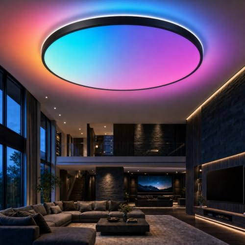 Horevo Bluetooth Deckenleuchte mit Lautsprecher, 40cm Moderne Schwarze LED Deckenleuchte (RGB Farbwechsel-Funktion, Fernbedienung, Geeignet für Wohnzimmer, Esszimmer, Schlafzimmer, Badezimmer)