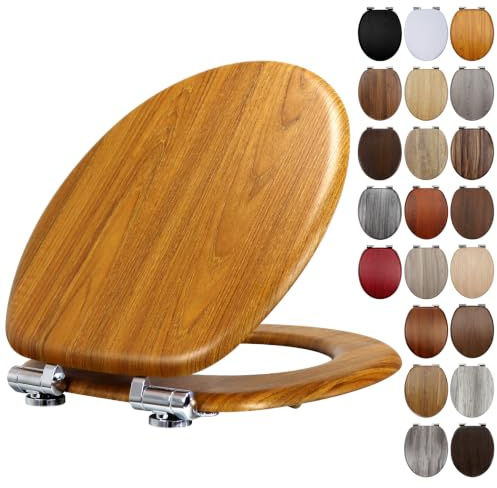 Wooden Toilet Seat Yellow Oak with Soft Close Adjustable Solid Zinc Alloy Hinges, MDF Wood Oval Toilet Seat with Bottom Fixings, Easy to Clean and Install- 18 Inch (JH7306)