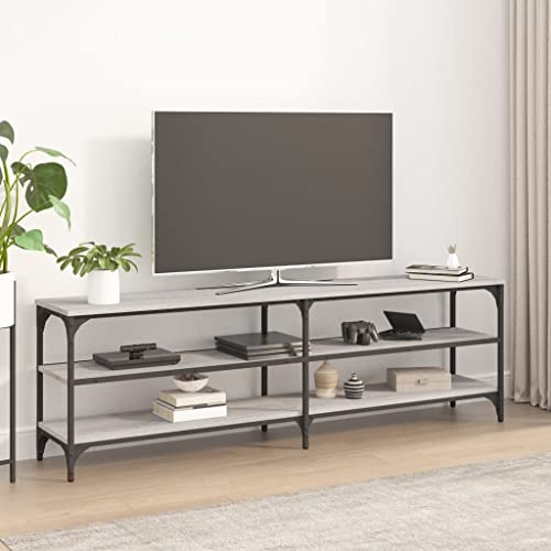 IBUQDDV TV-Schrank Grau Sonoma 160x30x50 cm Holzwerkstoff mit Eisenrahmen und 3 Böden, Industrie-Stil Vintage TV-Ständer mit 4 verstellbaren Füßen, langlebiges Lowboard