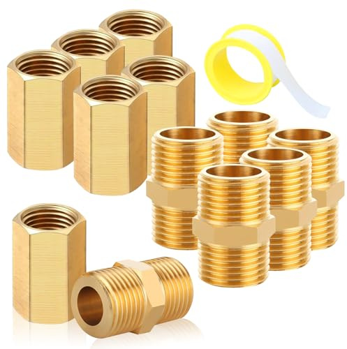 12 piezas de 1/4 pulgadas de latón doble boquilla y manguito, 6 x rosca exterior de 1/4 pulgadas y 6 x rosca interior manguito 1/4 pulgadas, AG/IG hexagonal roscado, pieza de conexión para tubería de