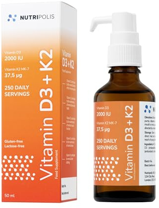 Nutripolis Vitamin D3 K2 2000 IU Liquid Formula (250 Daily Servings, 50ml) | High-Strength D3 and K2 Vitamin, MK-7 in Coconut MCT Oil Formula | Immune, Bone & Muscle Support | Premium Glass Bottle