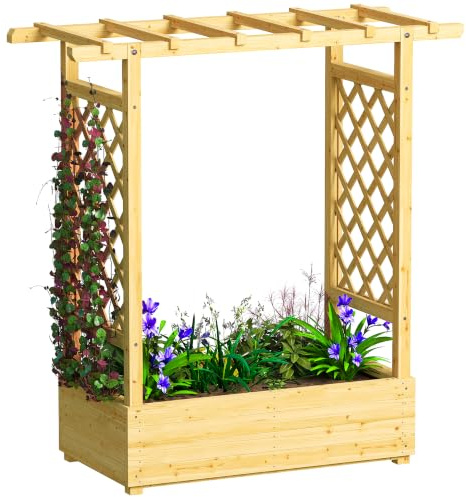 Outsunny Garten Pflanzkübel mit Rankgitter, Holz Hochbeet für Garten mit hängendem Dach und Entwässerungslöchern, Outdoor Spalier Pflanzkasten für Gemüse, Kräuter und Blumen, 110 x 44 x 113 cm, Natur