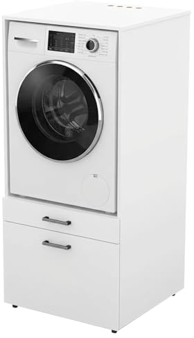 Mobile Lavatrice Con Cassettone E Mensola Estraibile Mobiletto Lavanderia O Asciugatrice Salvaspazio Con Vano Incasso Piano D' Appoggio E Contenitore Bagno Ripostiglio 67 × 65 × 144 Cm Bianco