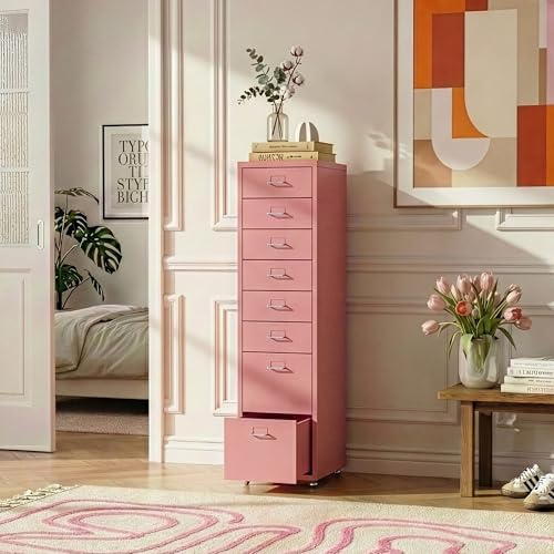 [en.casa] Rollcontainer Kökar Schubladenschrank Metall Aktenschrank mit 8 Schubladen Bürowagen mit Rollen für Arbeitszimmer 109 x 28 x 41 cm Rosa