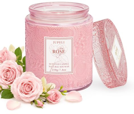 JUPELI Rose Scented Candle, 210g Natural Soy Wax, Double Wick, 50 Hours | Double Cotton Wicks, Rose Fragrance with Green & Warm Woody Notes, for Bedroom, Bathroom and Gifting